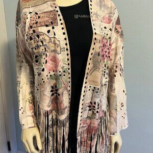 Shushuk Women's Vintage Print Fringe Cardigan - Cream and Pink